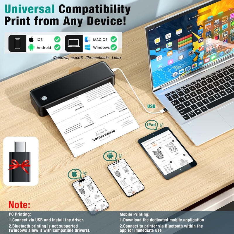PEDOOLO Portable Printer Wireless for Travel – Inkless Thermal Printer, Supports 8.5x11 Inch Thermal Paper, Bluetooth Compatible with iOS/Android/Laptop, Includes 2 Rolls + 10 Sheets Paper Kit - Image 2